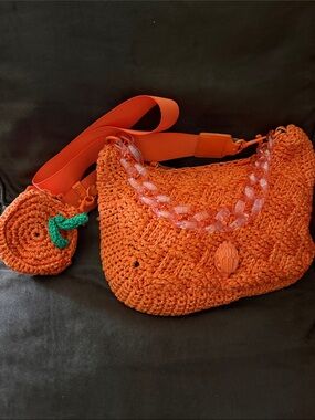 Kurt Geiger NEW Orange Crochet Crossbody Shoulder Bag with Chain Accent